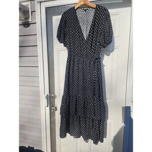 Knox Rose Maxi Dress Black White Square Print Wrap Tiered Size Large Pockets